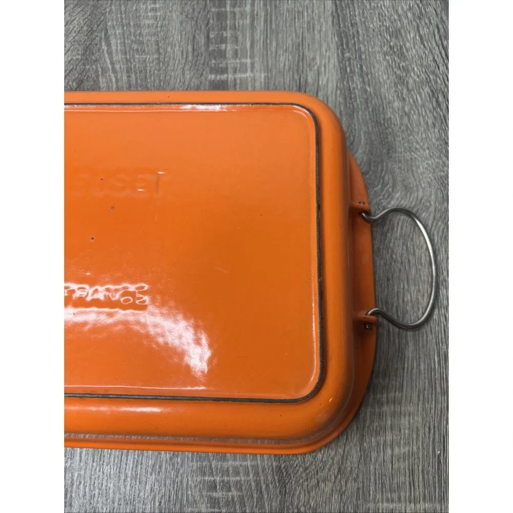 VTG Le Creuset France Orange Casserole Lasagna Pan Enameled Bail Handles Large - Picture 4 of 16